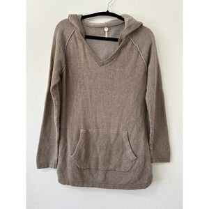 Margaret O'Leary Women's Taupe Cotton Waffle Knit V-Neck Hoodie Sweater Large